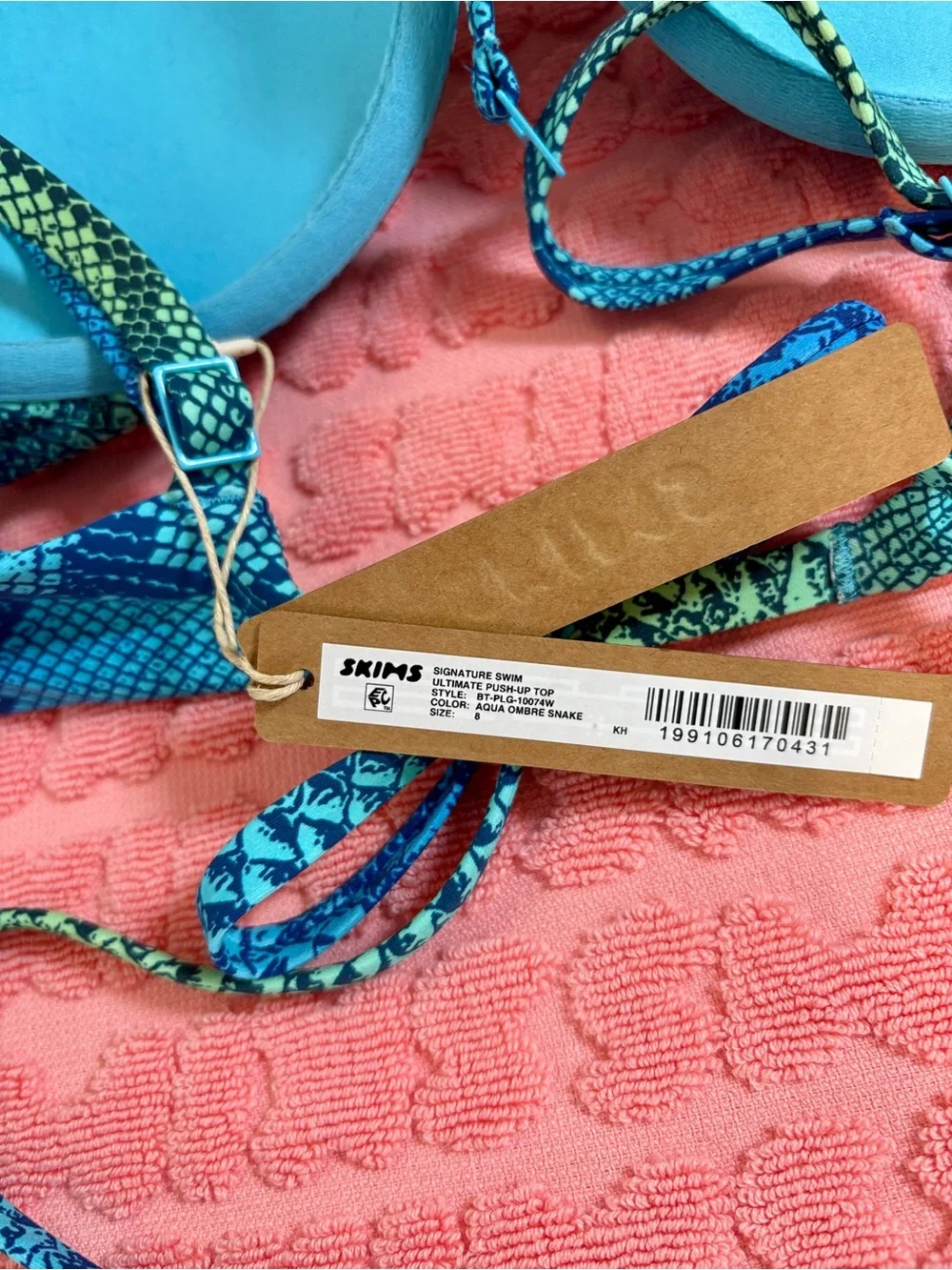 🦋SKIMS Signature Swim Ultimate Push-Up Top | Aqua Ombre Snake | Size 8 | NWT